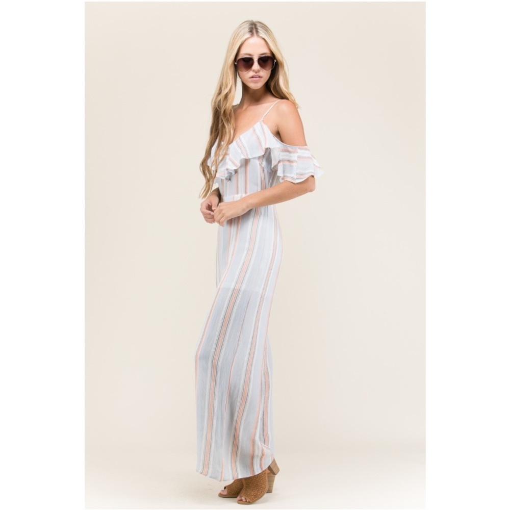 Cold Shoulder Ruffle Sleeve Striped Jumpsuit - Picture 4 of 6
